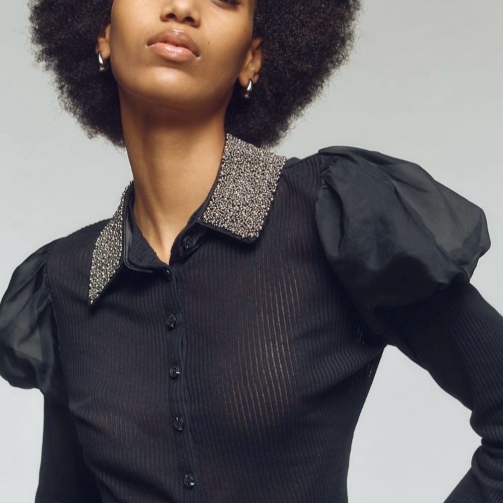Anthropology’s Maeve NWOT Black Button Top w/ Puff Sleeves & Beaded Collar Sz XL